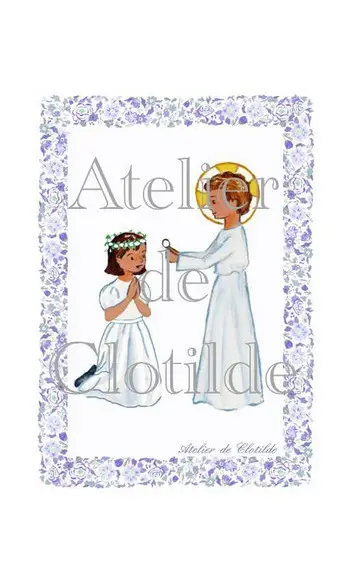 image communion enfant Jésus Fleur bleue